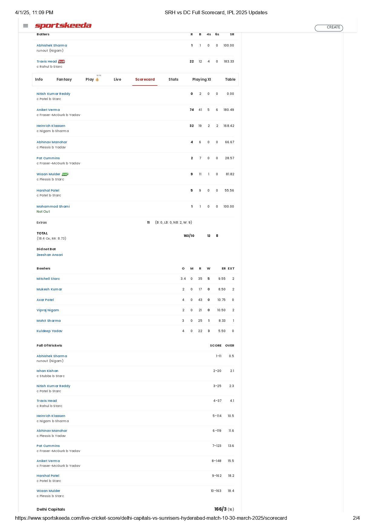 SRH vs DC IPL 2025 scorecard.